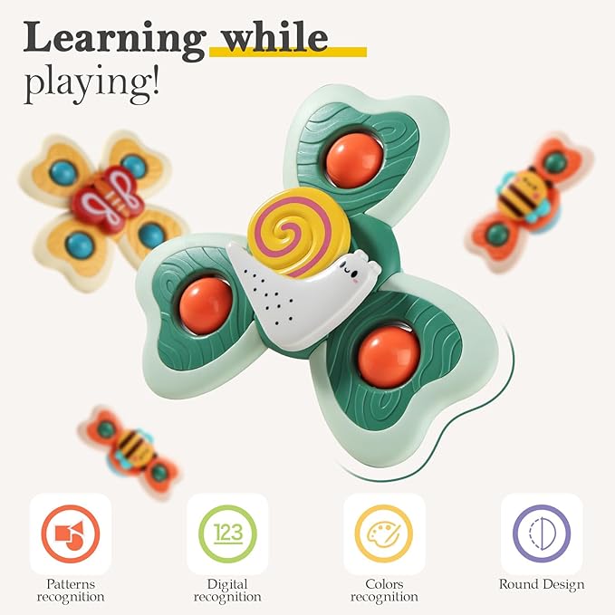 ALASOU 3PCS Suction Cup Spinner Toys for 1 Year Old Boy Girl|Spinning Top Baby Toys 12 18 Months|1 2 Year Old Boy Birthday Gift|Baby Bath Toy for Kids Ages 1-3|Sensory Toy for Toddlers 1-3