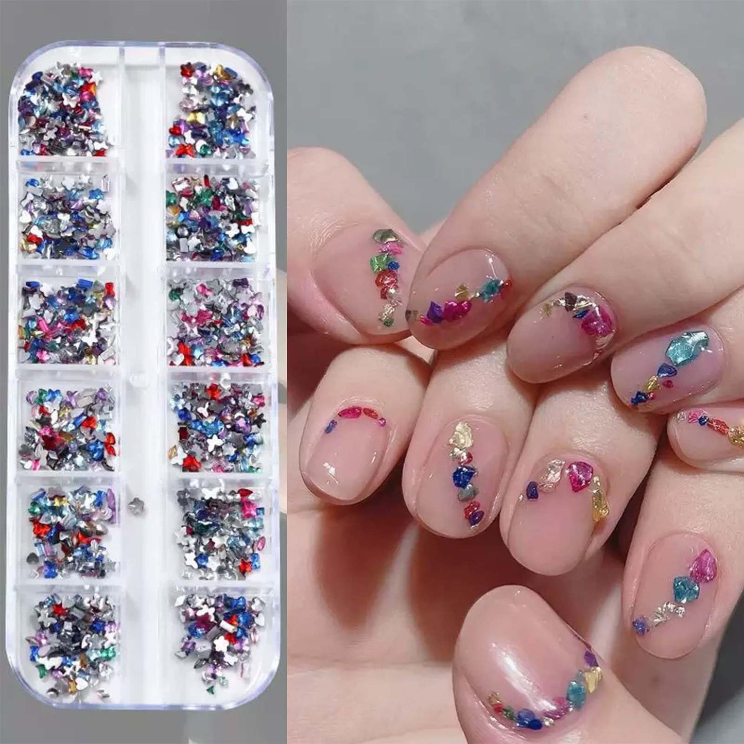ONPRESS 4Boxes/48Gird 4000Pcs Colorful Rhinestones Nail Art Charms 3D Flatback Rhinestones for Nails Art Design Heart Star Flowe