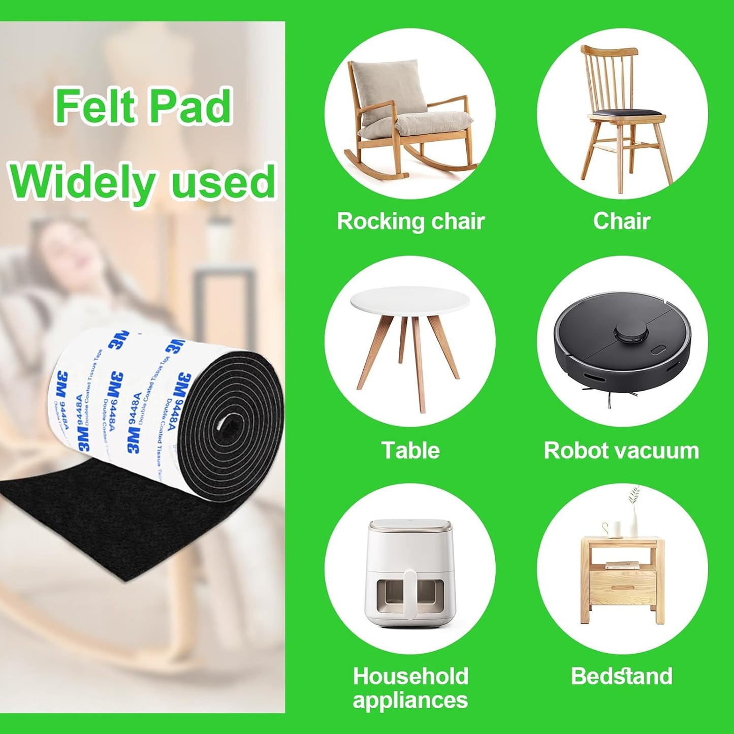 Felt Furniture Pads, Felt Pads for Furniture, 5"x 40" Black Cuttable