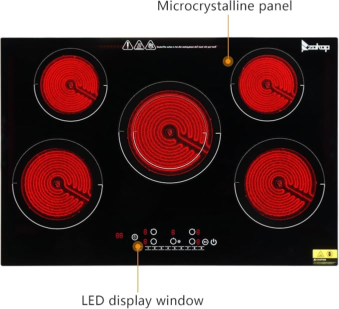 Winado 5 Burners Electric Ceramic Cooktop 30 inch, 220-240V Flat Top Stove, Multi-function Elecric Stove Top w/9 Heating Level, Kid Safety Lock, Sensor Touch Control, Timer Setting 7600W, No Plug