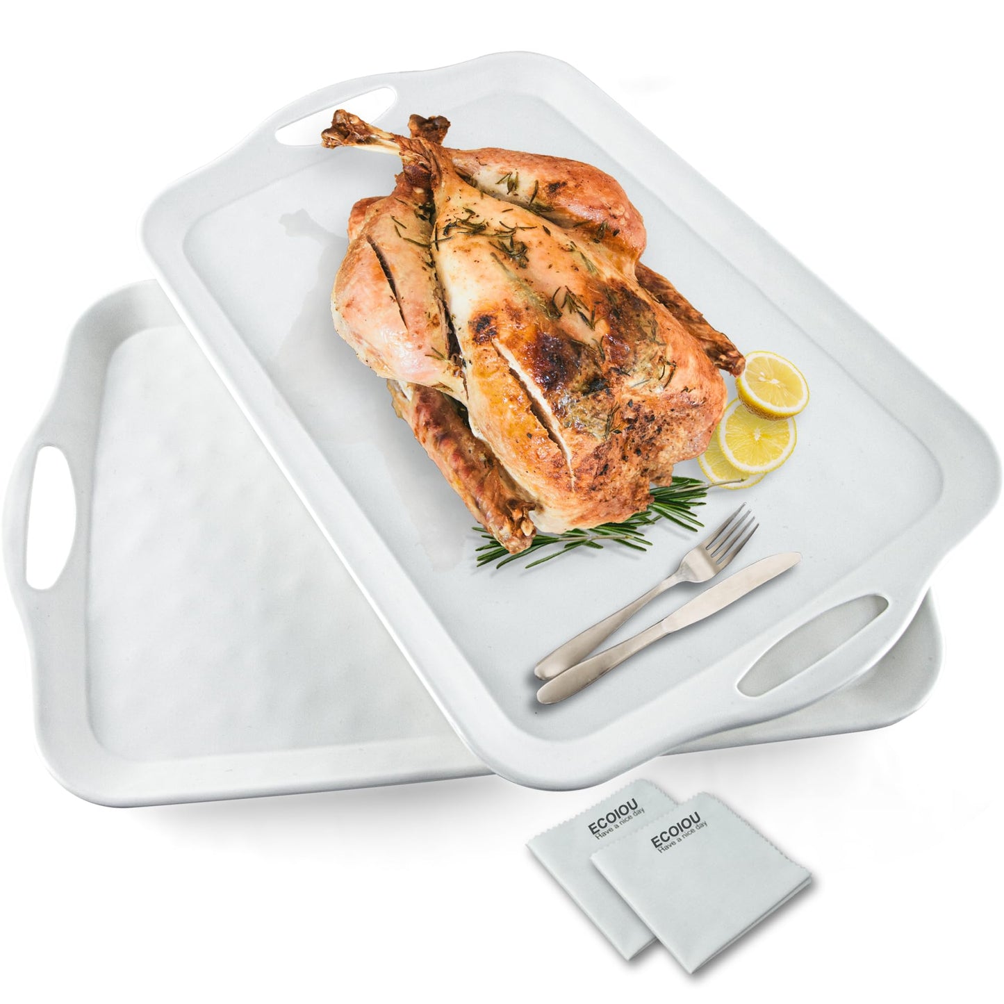 ECOIOU Extra Large Serving Tray with Handles, 20x13 inch, Set of 2 Melamine Platters for Serving Food, Turkey, Cookie, Rectangular Trays for Eating, Raised Dots Matt Finished, Dishwasher Safe, White