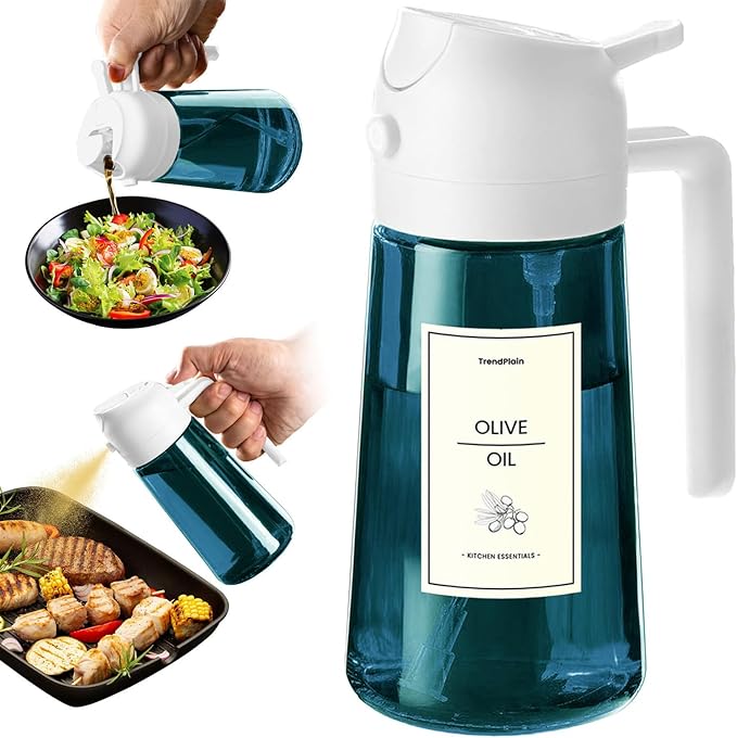 TrendPlain 16oz/470ml Blue Glass Olive Oil Sprayer for Cooking - 2 in 1 Olive Oil Dispenser for Kitchen Gadgets, Air Fryer, Salad, and BBQ - White