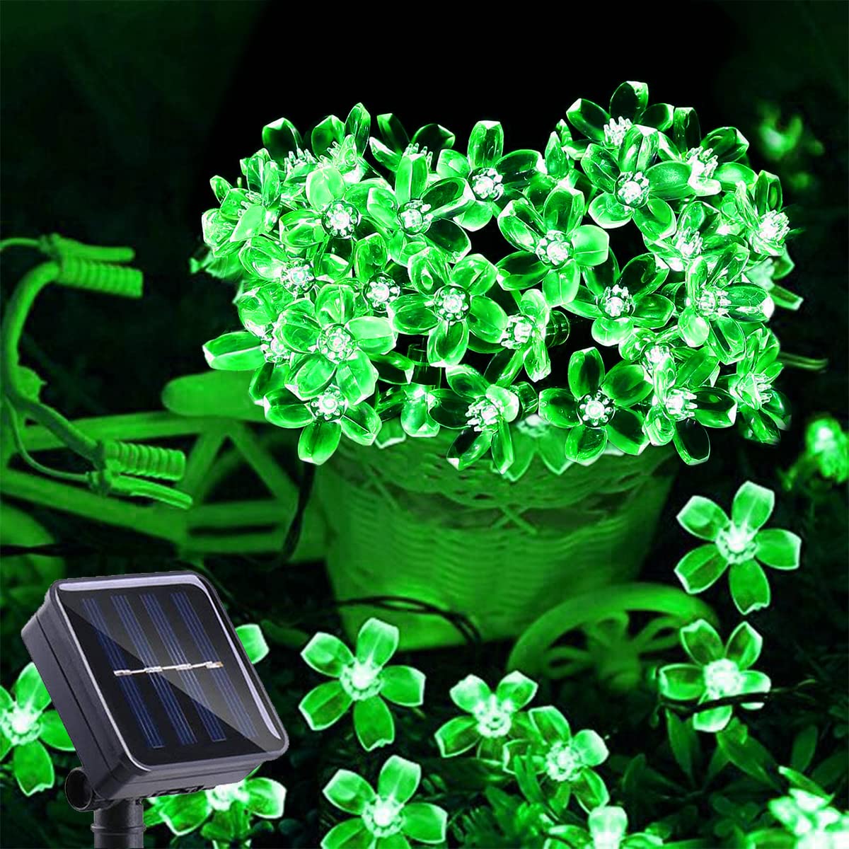 Iticdecor Solar Flower String Lights, 50 Led Green Waterproof Fairy Lights For Outdoor Garden, Patio, Fence, Spring Decor