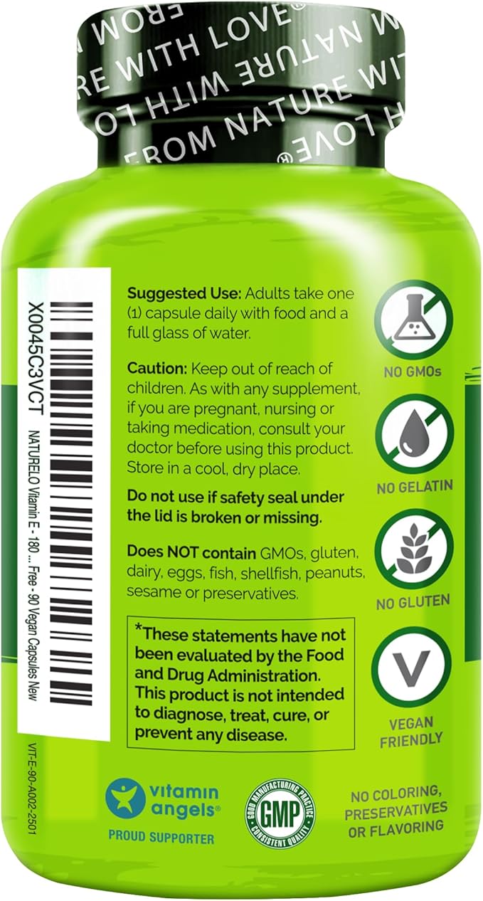 NATURELO Vitamin E - 180 mg (300 IU) of Natural Mixed Tocopherols from Organic Whole Foods - Supplement for Healthy Skin, Hair, Nails, Immune & Eye Health - Non-GMO, Soy Free - 180 Vegan Capsules