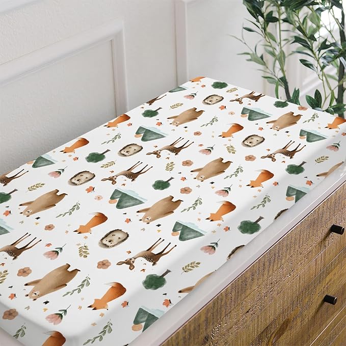 HawSkgFub Boho Animals Changing Pad Cover for Baby Girls Boys, Natural Forest Bear Deer Fox Diaper Change Table Covers, Soft Stretchy Safe Snug Fitted Changing Mat Sheets Fit 32"/34" x 16"