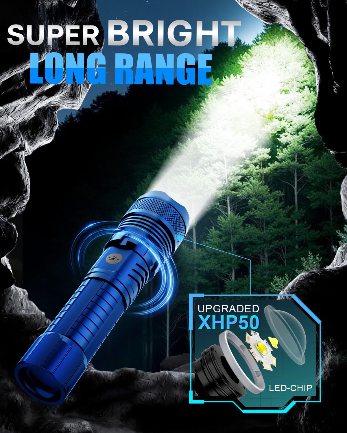 Victoper Blue LED Tactical Flashlight, Rechargeable, 5 Modes, Zoomable, Waterproof, P50 1 Pack