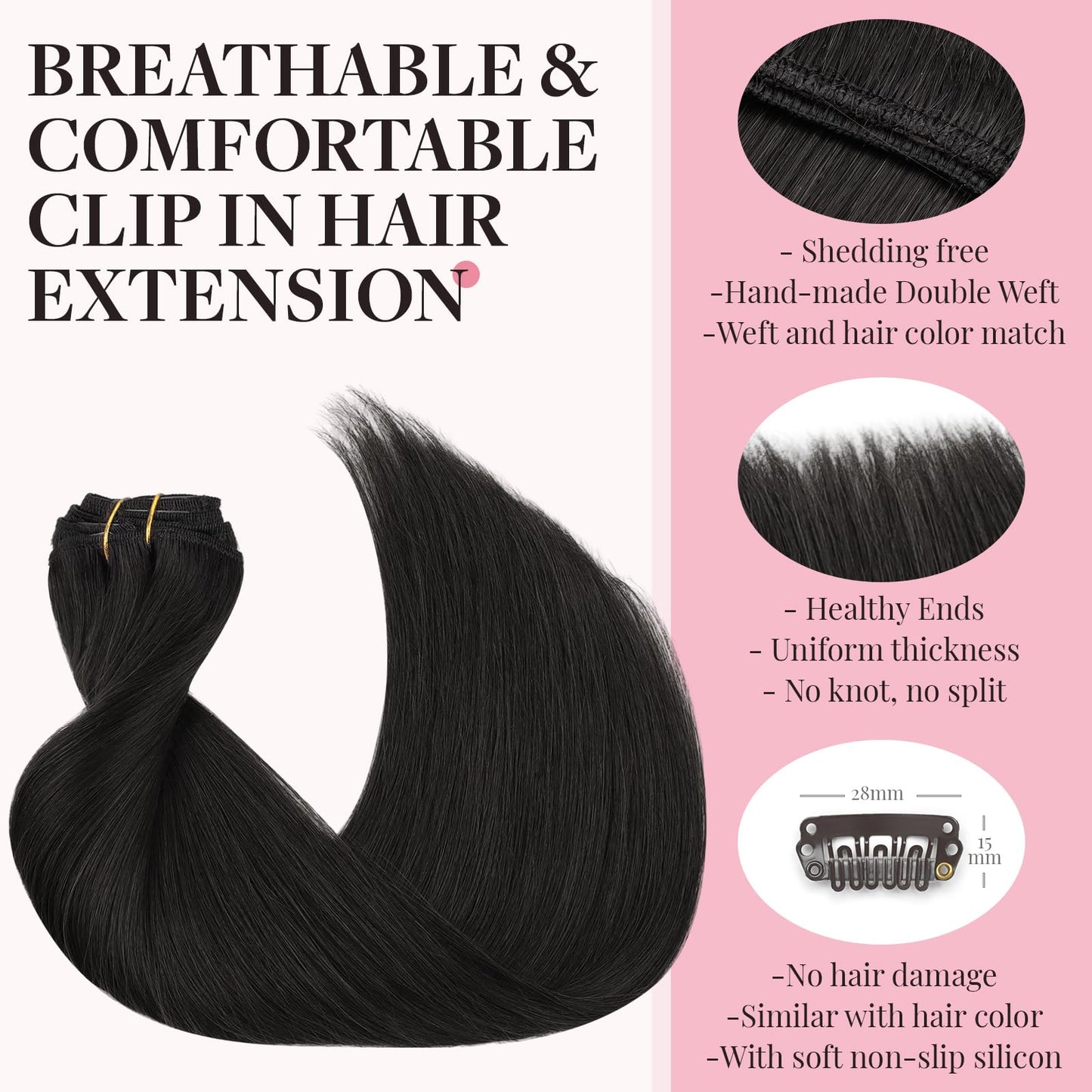 MAXITA Clip in Hair Extensions Real Human Hair, 18 Inch Natural Black 7pcs 120g, Remy Human Hair Extensions Clip in Black Hair E
