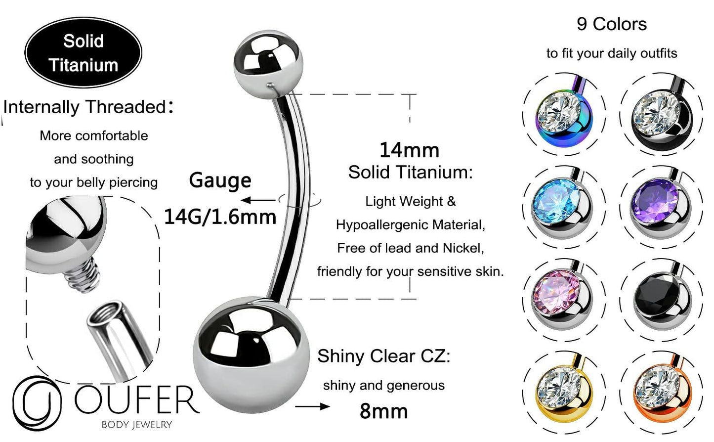 OUFER Titanium Belly Button Rings, Internally Threaded 14mm Long Belly Ring, Round CZ Navel Rings for Women Men (Silver Ball)