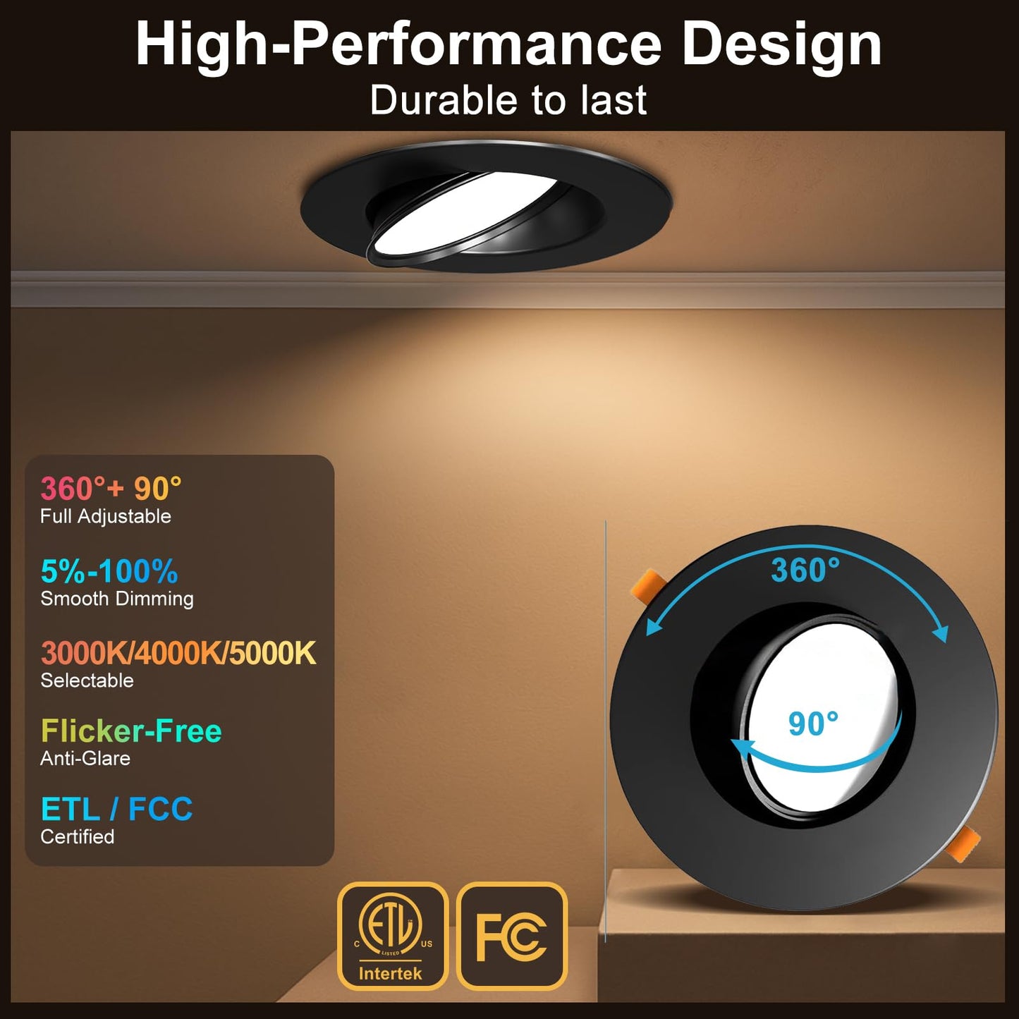 Lightdot 6 Pack 6 Inch Led Gimbal Recessed Lighting  360+90 Adjustable  3Cct Selectable & Dimmable (5%-100%)  1300Lm Ultra Bright Canless Downlight  Etl/Fcc Certified For Living Room/Kitchen-Black