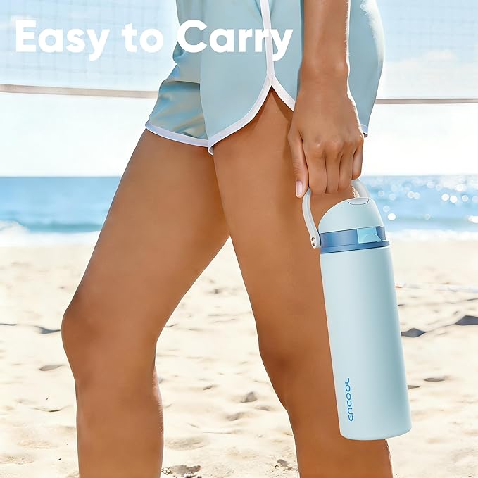 Insulated Water Bottle with Straw - Encool Stainless Steel Water Bottle with Push Button Lid, Leak-Proof & BPA-Free, Keeps Cold for 24 Hours for Sports, Travel, Gym (18 oz, Jungle Mist)