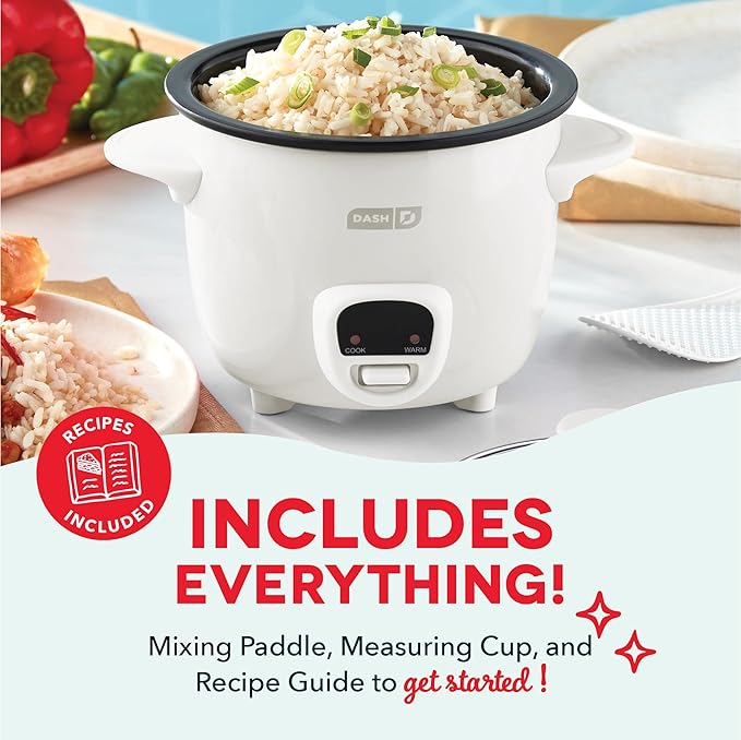 Dash Mini Rice Cooker Steamer with Removable Nonstick Pot, Keep Warm Function & Recipe Guide, 2 cups, for Soups, Stews, Grains & Oatmeal - White