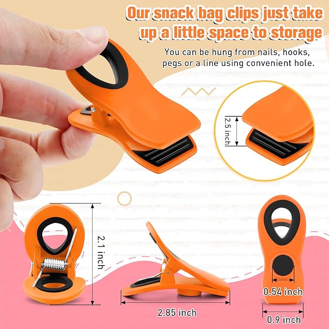 FINDMAG 12 Pack Big Chip Clips, Orange Magnetic Clip for Plants, Plastic Snack Clip for Bags, Food Sealing Clips with Magnet for Chips, Snacks, Fridge and Food Organization