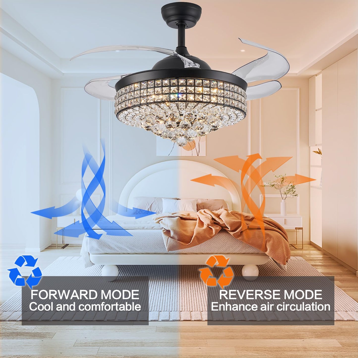 Trsiopfc 48 Inch Dimmable Crystal Fandelier Ceiling Fans With Light,Chandelier Fan With Remote Control For Bedroom/Living Room,P