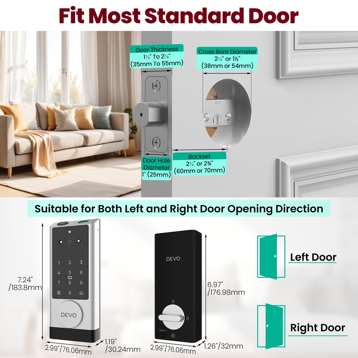 DEVO G1 Video Smart Lock with Camera & Doorbell, 6-in-1 Keyless Entry Door Lock with Fingerprint, App Remote, Auto Locks, Built-in Wi-Fi Smart Deadbolt for Front Door(Silver)