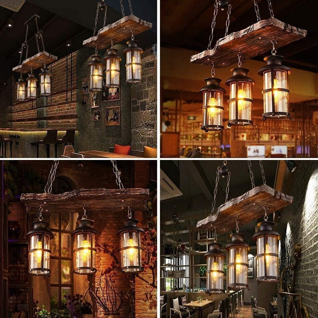 Wood Retro Pendant Lighting Industrial Vintage Chandelier Black Metal Bedroom Restaurant Suspension Lamp Cage Frame with Glass Shade House Loft Bar Coffee Decoration Ceiling Lights Fitting, E27