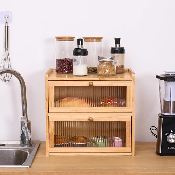 Double Layer Large Bread Box for Kitchen Counter, Wooden Bread Storage Container with Acrylic Window (natural)