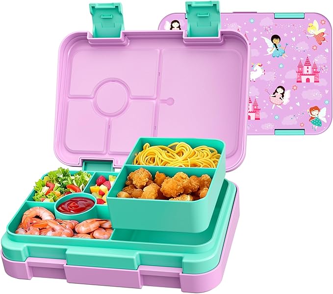 Bento Lunch Box for Kids, 6 Compartments BPA Free, Dishwasher Safe Back to School Snack Bento Lunch Containers Boxes, Ideal Portion Sizes for On-the-Go Meal, Ages 3+, School, Pink Patterned