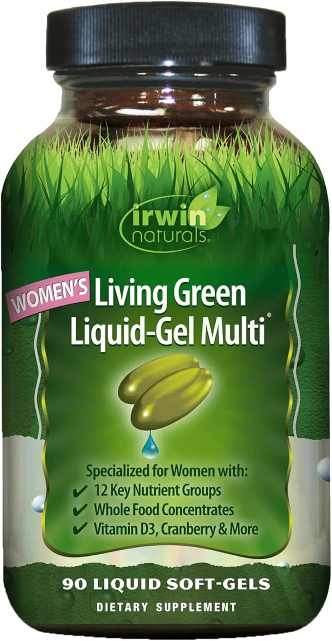 Irwin Naturals Women's Living Green Liquid-Gel Multi Vitamin - 90 Liquid Softgels - 70 Essential Nutrients, Full-Spectrum Vitamins,Wholefood Blend - Targeted Adrenal & Brain Support -30 Total Servings