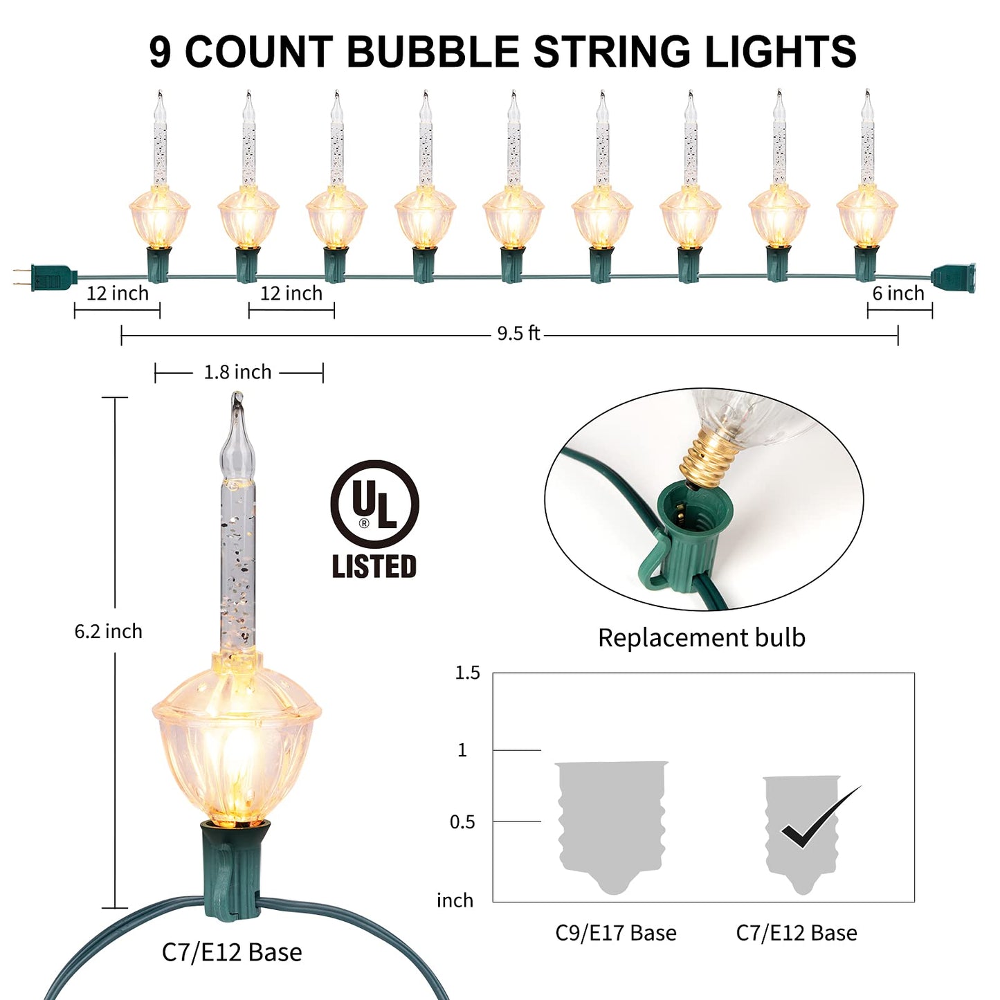 Brightown Christmas Bubble Lights - UL Listed 9 Clear Bulbs with Silver Glitter, Green Wire