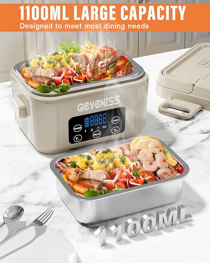 Cordless Electric Lunch Box for Adults – Heated Lunch Box with 1100ML SS Container, Battery-Powered Food Warmer with Leakproof Lid, Fast Heating Up to 220°F for Office, Car, Travel