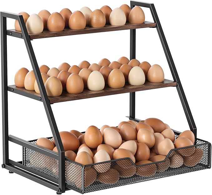 3-Tier Wooden Fresh Egg Holder Countertop With Basket for 36+90 Eggs, Wooden Egg Holder Countertop with Carry Handle for Gathering 100+ Eggs, Duck, and Quail Eggs