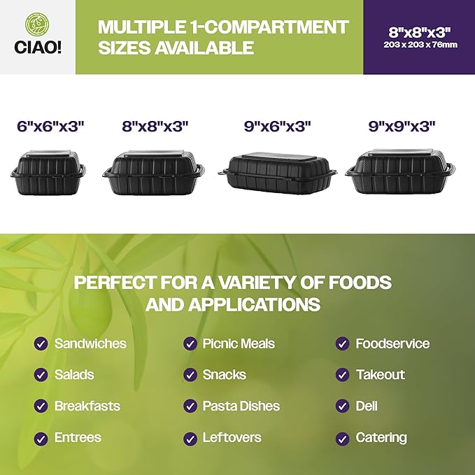 CIAO! 8"x8"X3" MFPP Black Hinged Container With Lid 1 Compartment (Case of 200)