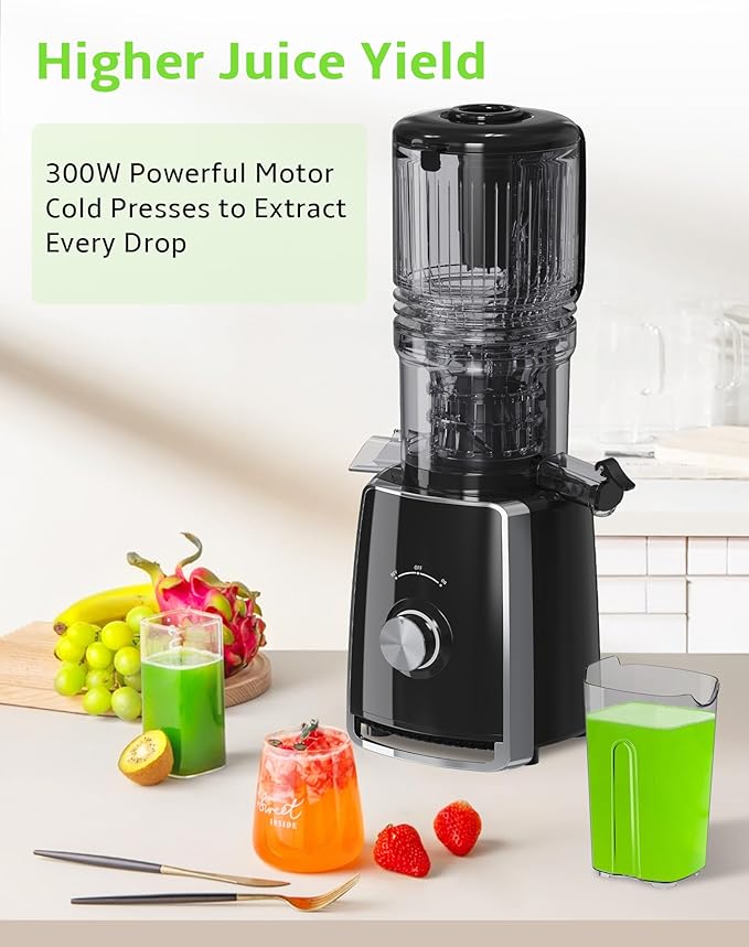 Cold Press Juicer, Slow Masticating with Wide Feed Chute for Whole Fruits & Vegetables | Higher Juice Yield & Nutrient Retention | BPA-Free, 300W Quiet Motor | Easy to Clean Juice Extractor Machine