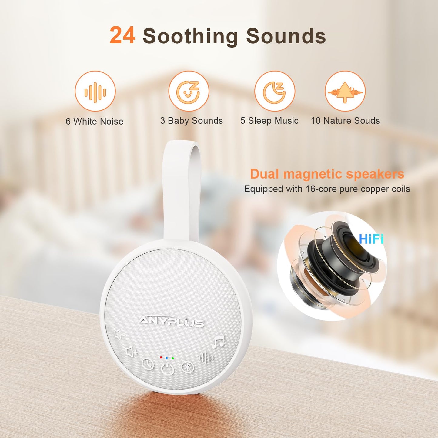 White Noise Sound Machine for Sleeping Adults & Baby, Portable Noise Machine with 24 Soothing Sounds, Bluetooth 5.1, Battery Powered, 3 Timer Settings, Memory Function for Home, Office, Travel (White)