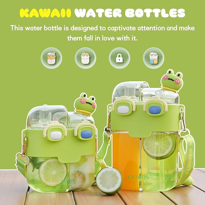 Cute Water Bottle for Kids: 26oz Kawaii Water Bottle for Girls, Funny Bear Water Bottles with Straw and Strap, Dual Compartments Leak-proof Plastic Drinking Cup for School Sport Travel (Yellow)
