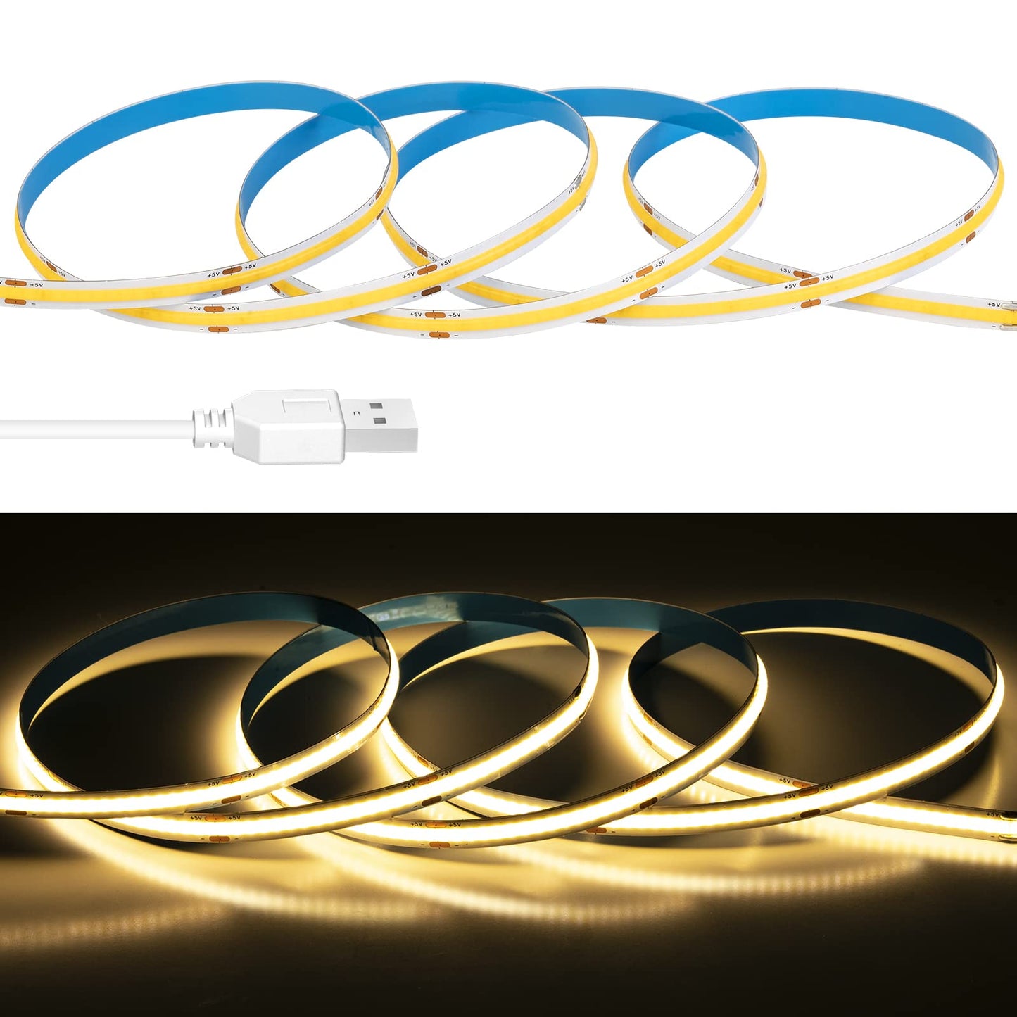 Fcob 6.56Ft Cob Usb Led Strip, Warm White 3000K, Dimmable, High Density, Flexible For Indoor Decoration