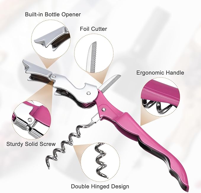 uxcell 2 Pcs 4.8" Stainless Steel Wine Opener, Waiter Corkscrew Professional Wine Key Bottle Opener with Double Hinged Foil Cutter for Bar Servers Waiter Bartender and Home, Pink