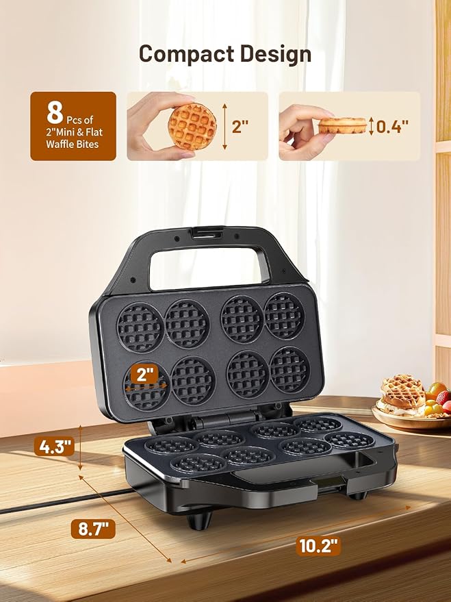 Mini Waffle Maker Machine, 8 Small Waffle Bites, Nonstick Waffle Iron with Quick Heat-Up, Easy Breakfast Makers for Home, Family, Snacks or Desserts