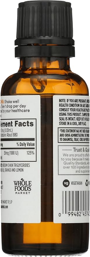 365 by Whole Foods Market, Vitamin D-3 Liquid Citrus Flavor 1000IU, 1 OZ