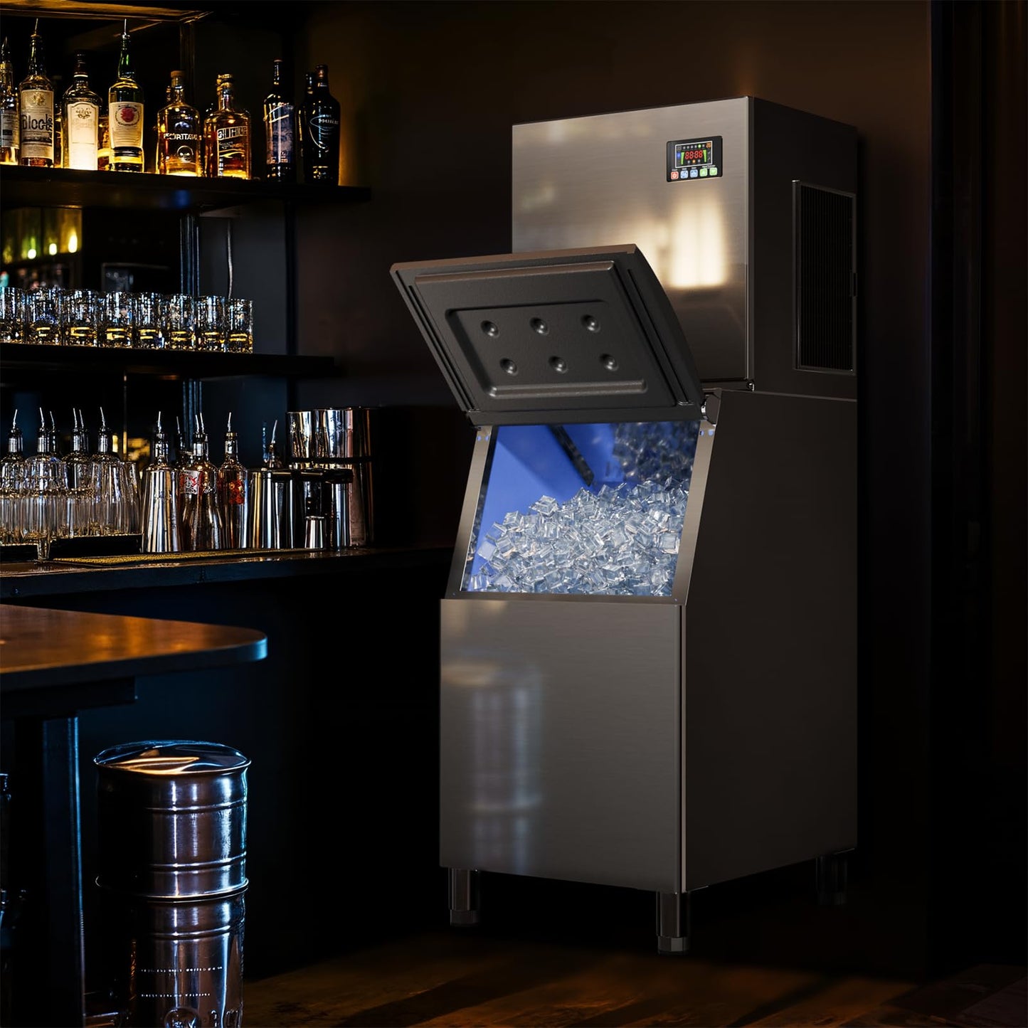 Commercial Ice Machine 580 LBS/24H with 400 LBS Storage Bin, Ice Cubes Ready in 5-15 min, Stainless Steel Industrial Ice Maker, Self-Cleaning, Timing Function, Adjustable Ice Thicknesses