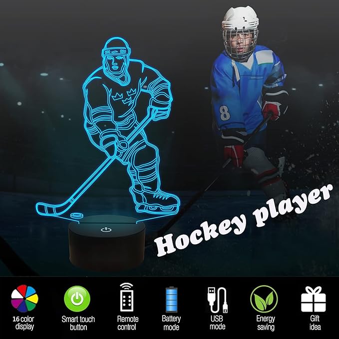 FULLOSUN 3D Night Lights Ice Hockey Athlete 3D Illusion Bedside Lamp 16 Colors Changing with Remote Control Best Birthday Gifts for Men Women