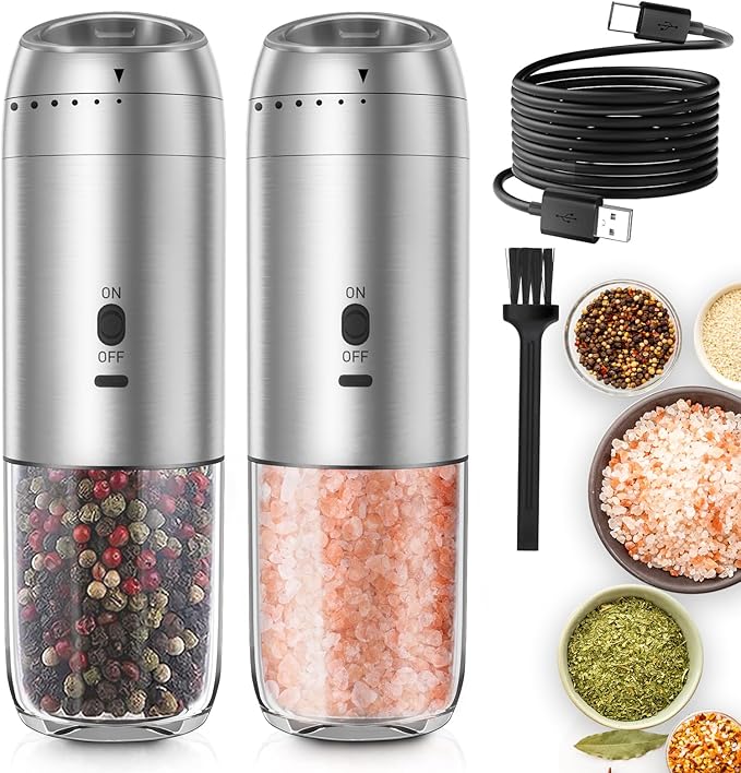 Gravity Salt and Pepper Grinder Set, Electric Salt and Pepper Grinder, Refillable Pepper Mill with Adjustable Coarseness & LED Light, Upgraded Large Capacity Rechargeable Pepper Grinders for Kitchen