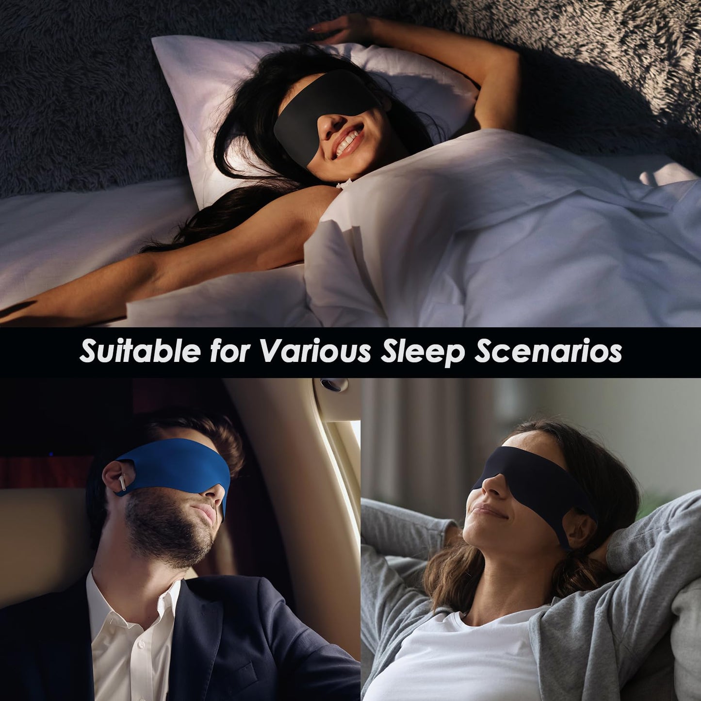 FRESHME 6pc Sleeping Mask - Thin Lightweight Eye Mask Blindfold with Ear Loops Ear Hanging Elastic Strap for Men Women Couples Night Time Airplane Travel Yoga with Earplugs