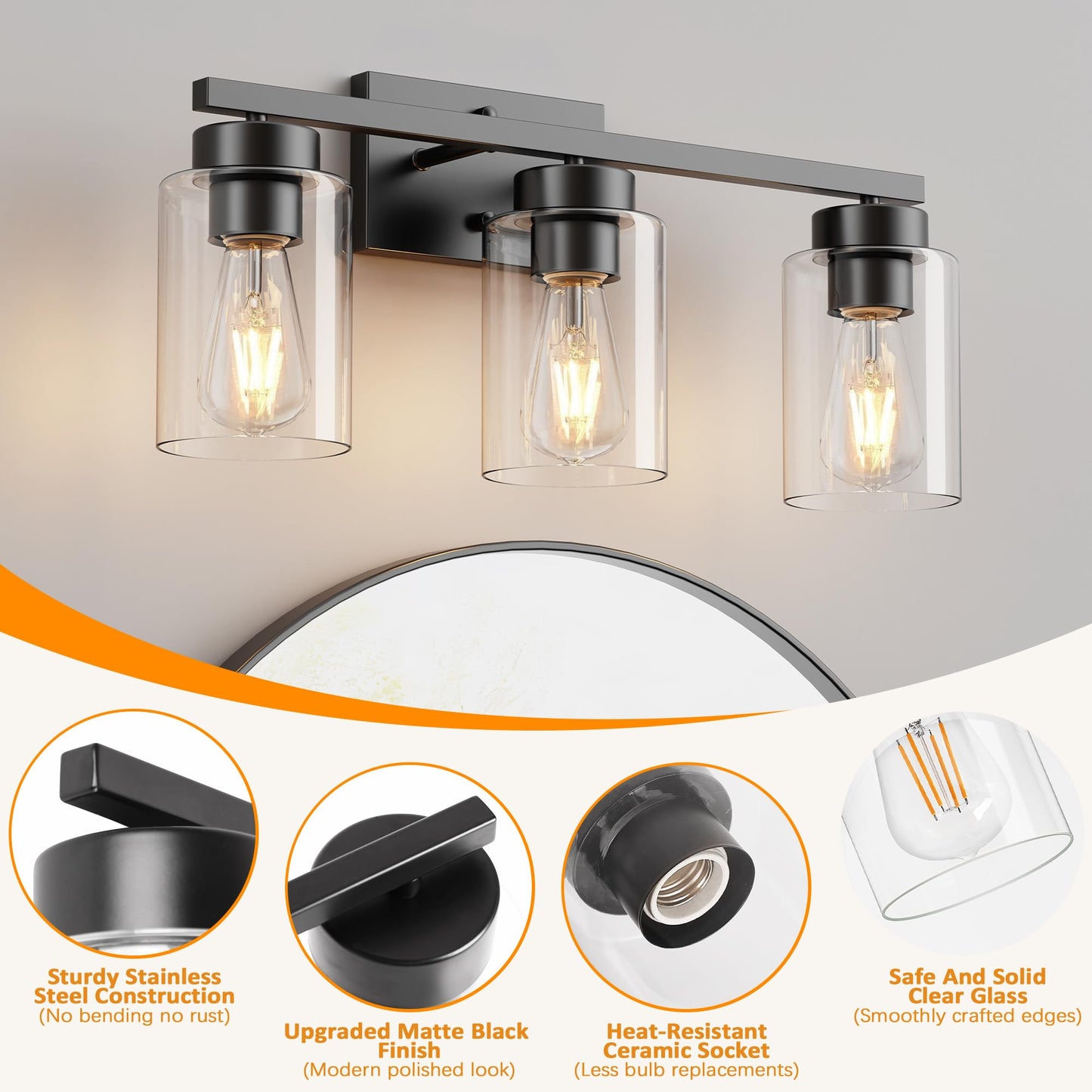 Partphoner 3-Light Bathroom Light Fixtures  Matte Black Vanity Light With Clear Glass Shade  Modern Wall Sconce For Mirror Bedroom Living Room Hallway Lighting