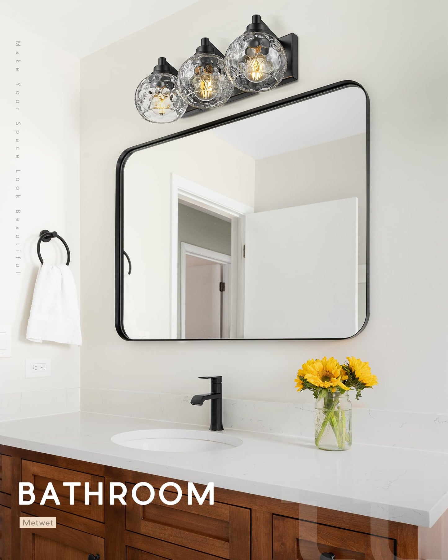 Metwet Bathroom Light Fixtures Over Mirror  3-Light Matte Black Vanity Light With Clear Hammered Glass Globe Shade  Modern Sconces Wall Lighting For Bedroom Hallway  Vl200-Mb-3