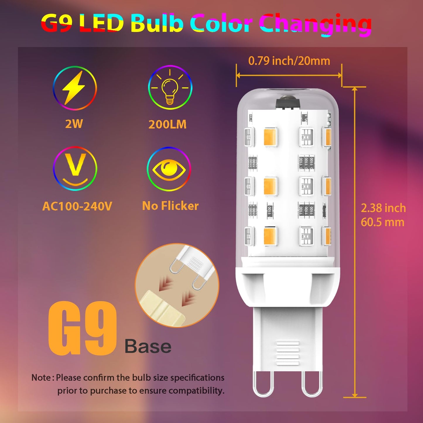 Cxyemt G9 LED Bulb Dimmable 2W Equivalent 20W 25W, 12 Color RGB + Warm White 3000K, 2 Pack, Polycarbonate