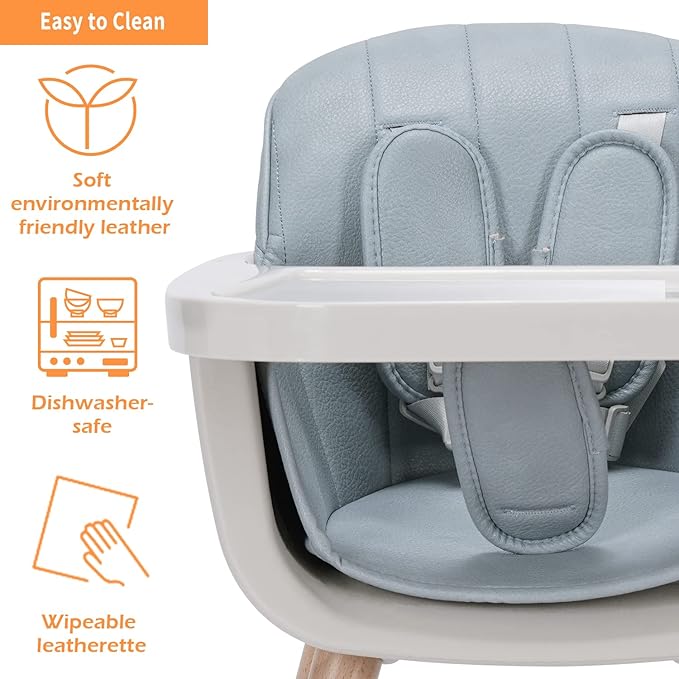 Mallify 3-in-1 Convertible Wooden High Chair, High Chairs for Babies and Toddlers, Baby High Chair with Adjustable Legs & Dishwasher Safe Tray, Made of Sleek Hardwood & Premium Leatherette, Blue