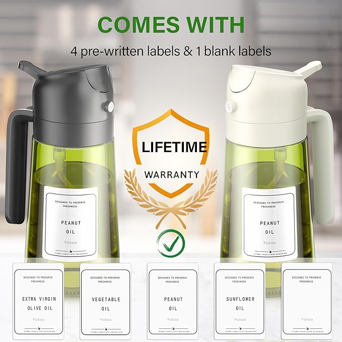 Vakoo 2 in 1 Oil Sprayer and Oil Dispenser for Kitchen - 16oz/470ml Light-Blocking Dark Glass Olive Oil Spray Bottle for Cooking, Air Fryer, Salad & BBQ (Black&White)