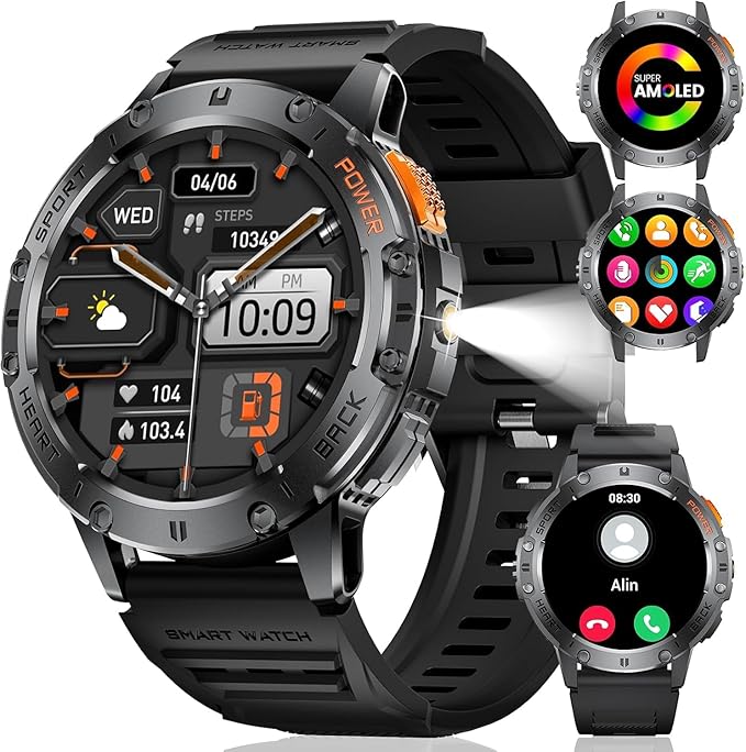 LIGE Military Smart Watches for Men(Answer/Make Calls) with LED Flashlight,530mAh Large Battery,1.43’’ AMOLED Fitness Trac...
