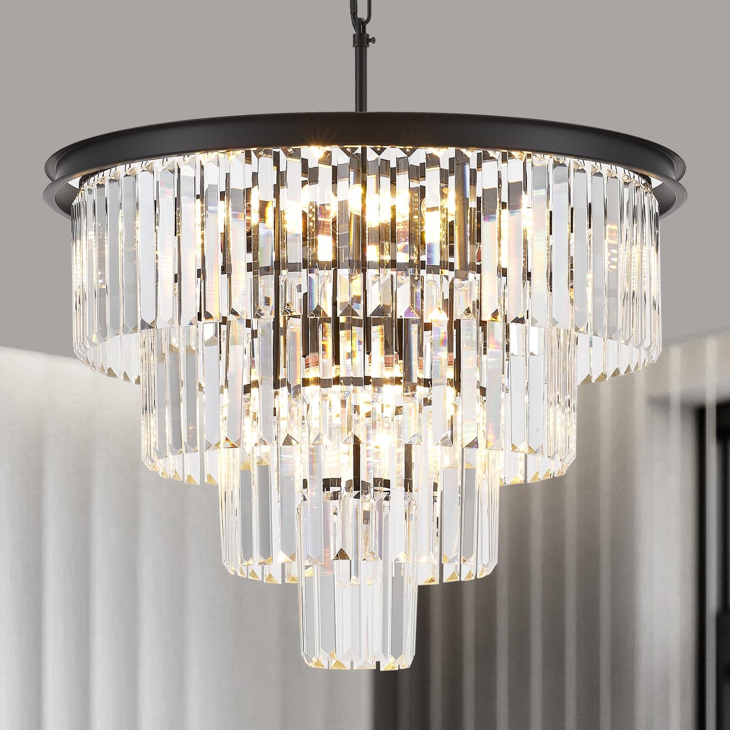 brfaixla 4-Tiers 23.6 Black Modern Crystal Chandelier 12-Light Crystal Pendant Ceiling Light Fixture Hanging Lighting for Entryw