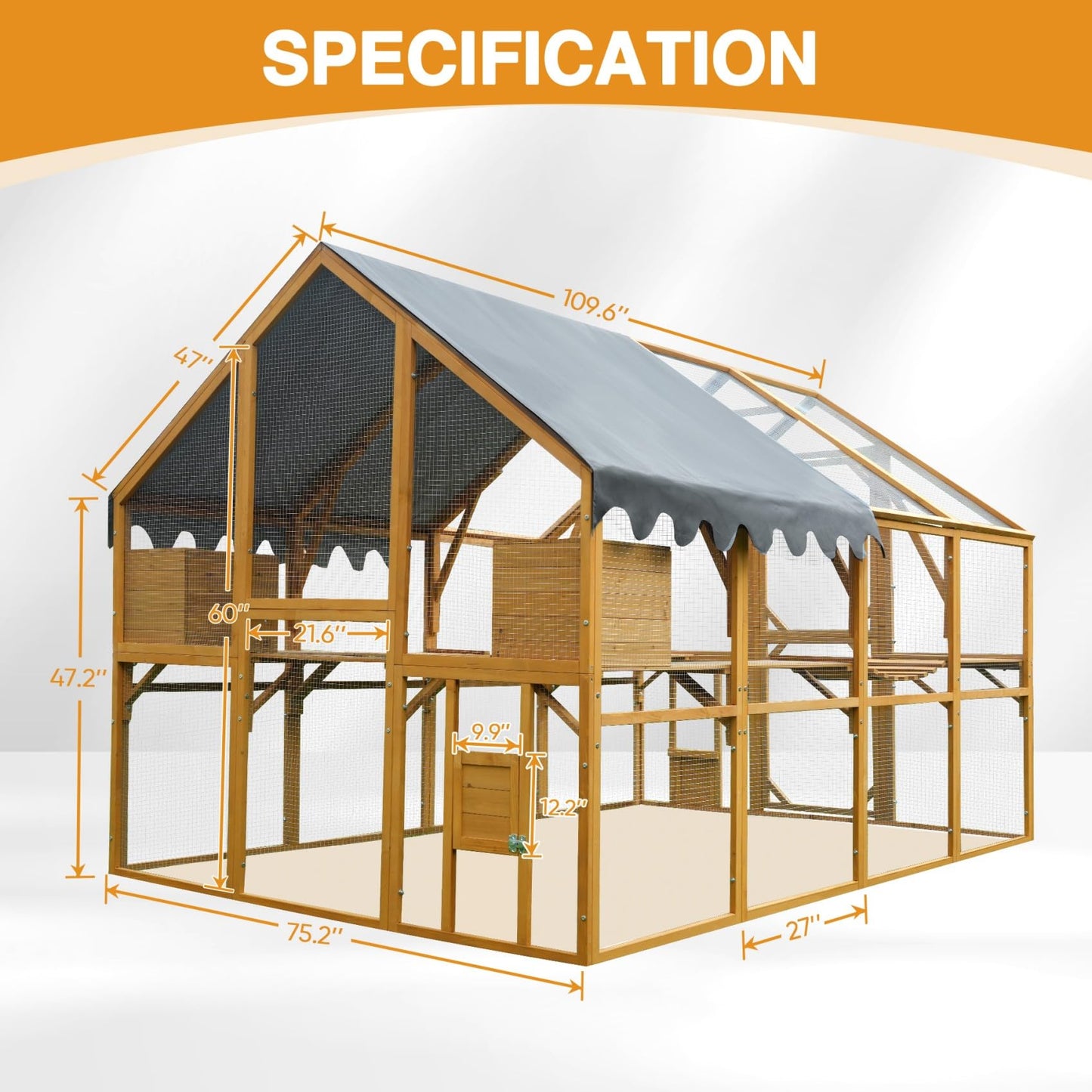 KEIKI 110" L Outdoor Large Chicken Coop with Waterproof Cover, Roosting Platform, Wire Mesh & 2 Lift Small Doors with Locks, Wood Chicken Coop House for Cat Kitten, Duck, Rabbit, Quail Playpen