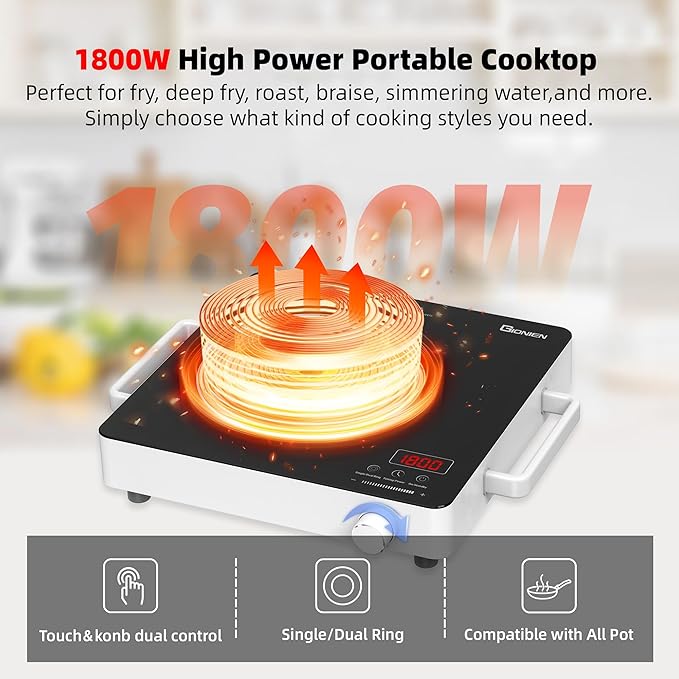 GIONIEN Electric Cooktop 1 Burner 110V, Portable Electric Stove with Handle, Ceramic Countertop Burner, Knob Control, ‌3-hour Timer, Safety Lock,3 Heat Modes,1800W