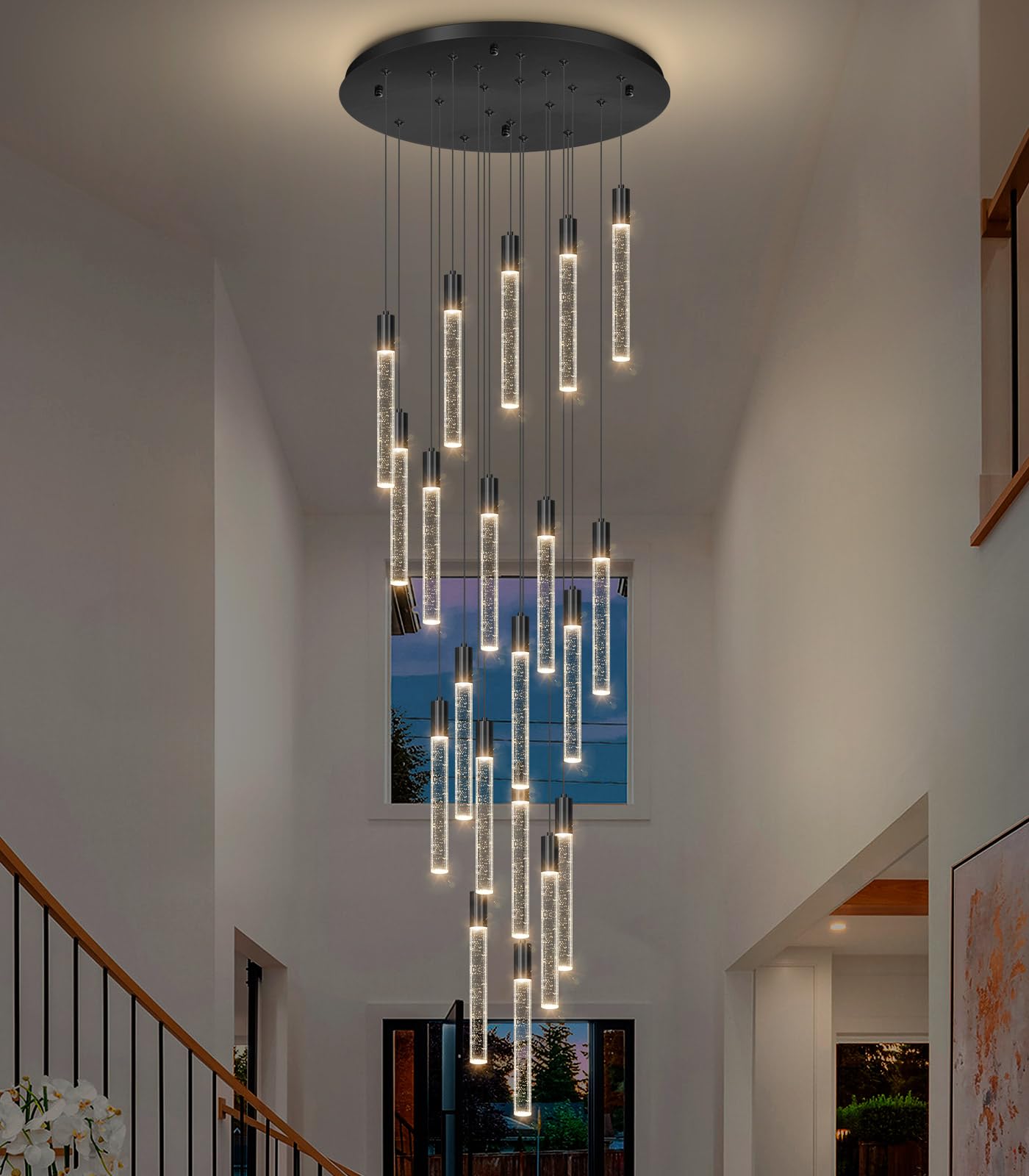 Haixiang 13 Foot High Ceiling Chandelier For Entryway Modern Crystal Lights For Living Room Foyer Flush Mount Sloping Ceiling Pendant Light Fixture Remote Dimmable 20-Lights Black