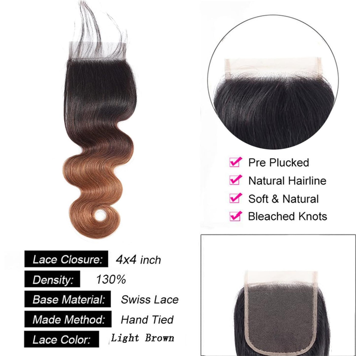 Ombre Closure 4x4 Transparent Lace 1b/30 Closure Brazilian Virgin Hair Body Wave Long 18 Inch Honey Blonde Pre Plucked With Baby