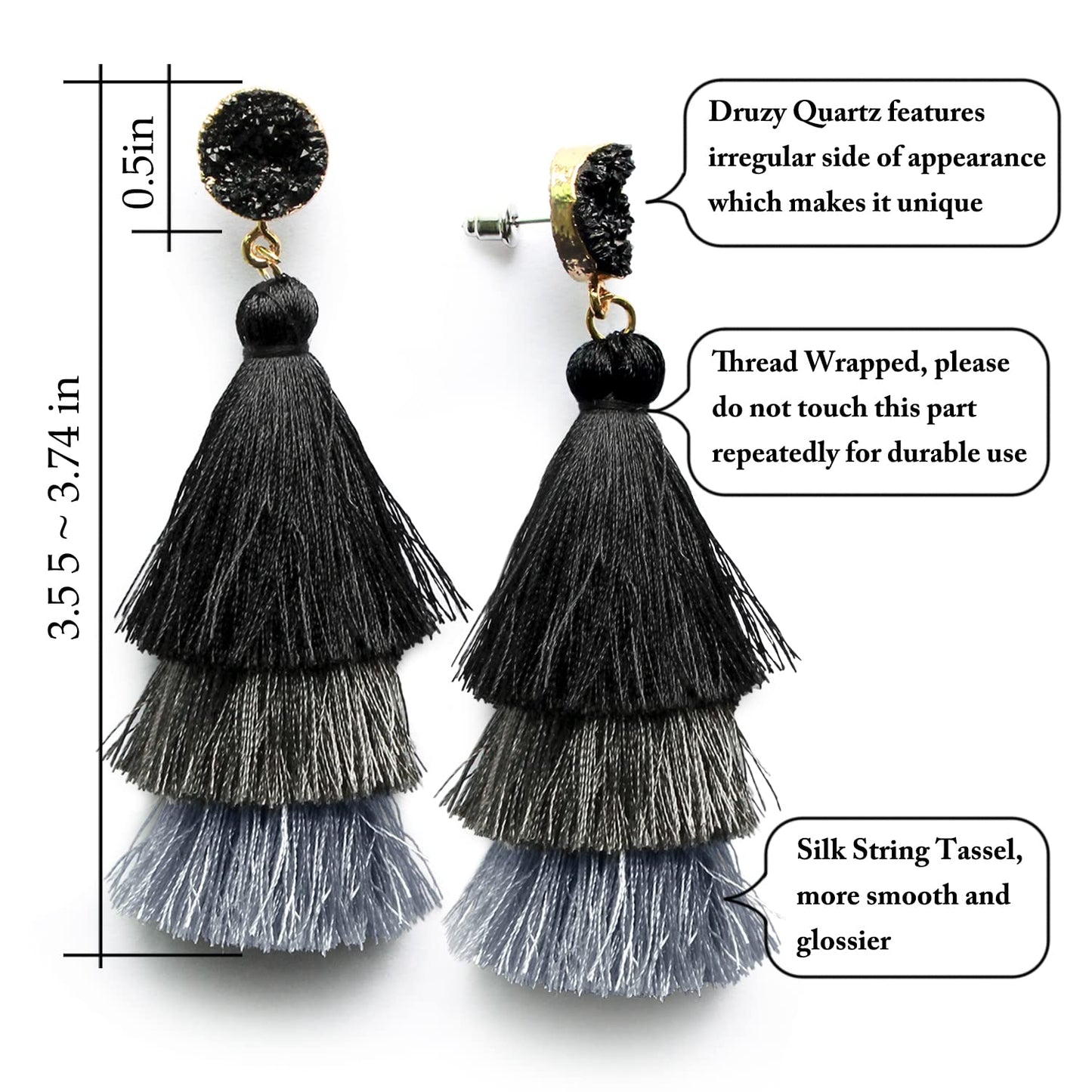 Black Grey Tiered Statement Tassel Earrings Studs Layered Fringe Black Tassel Dangle Drop Earrings for Women Boho Jewelry Birthd
