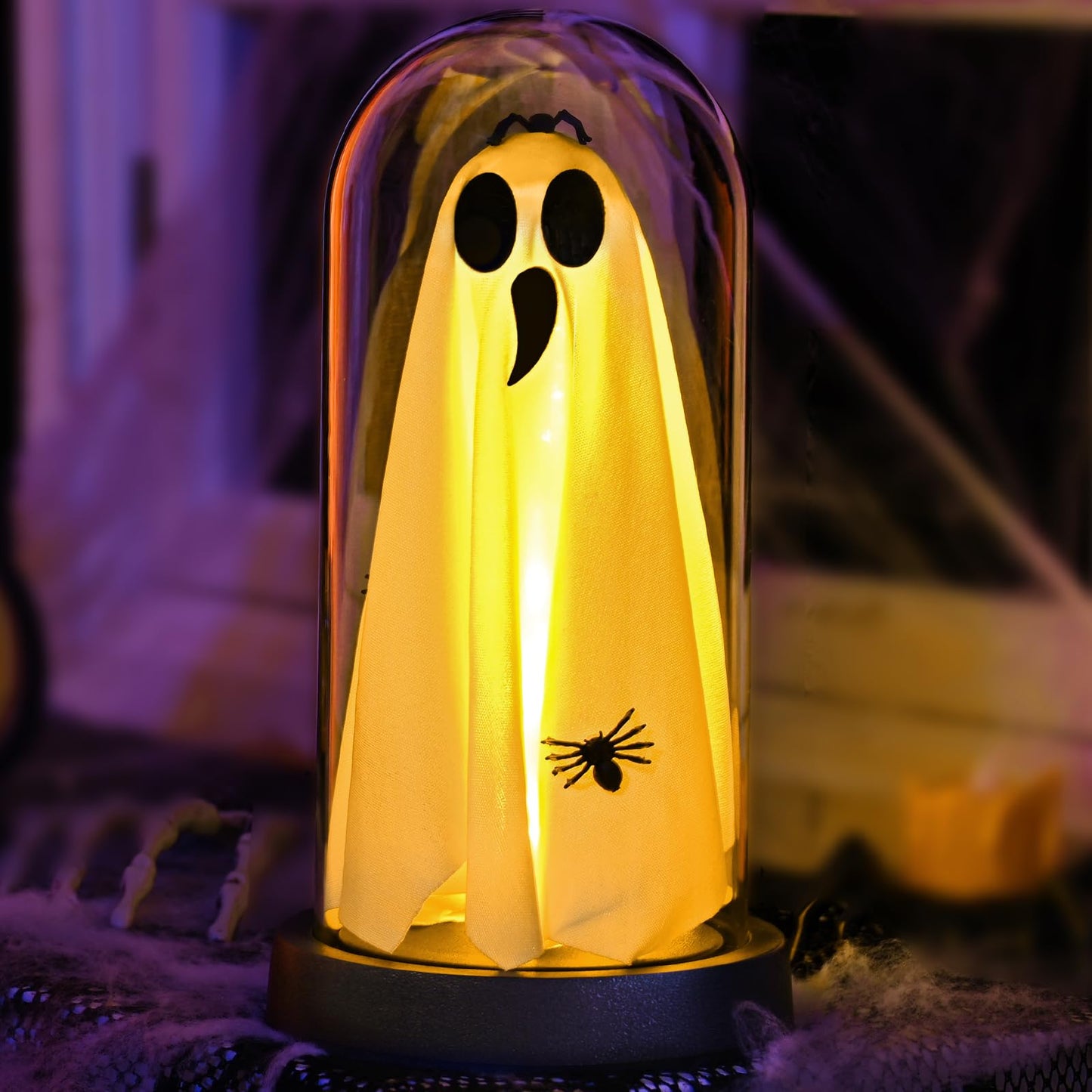 Yinhua Light Up Ghost in Glass Cloche with Timer, 8.5inx4.3in, Warm Light, Acrylic Halloween Decor for Desk, Fireplace, Gift
